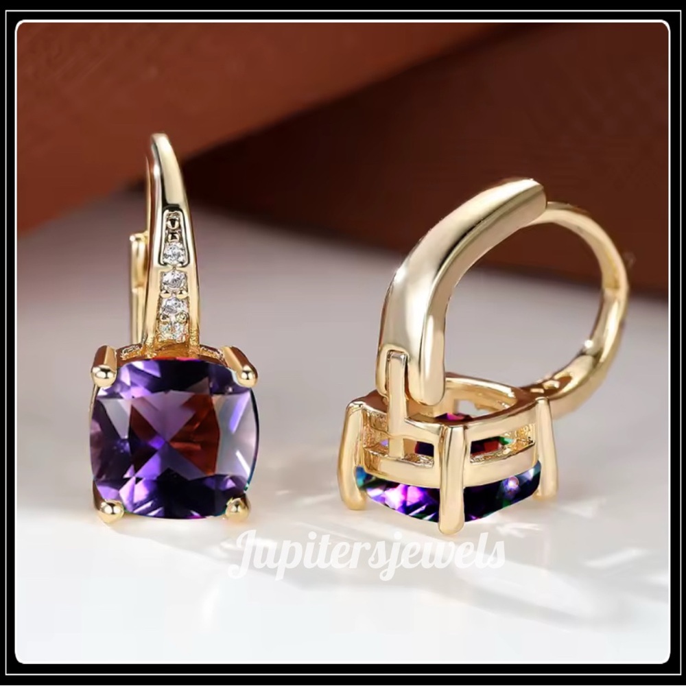 NEW 14K GOLD PURPLE AMETHYST SQUARE DROP EARRINGS - Picture 4 of 5